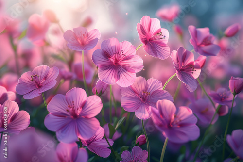 Light mauve flowers blooming on a soft green meadow. Concept of spring and renewal. Generative Ai.