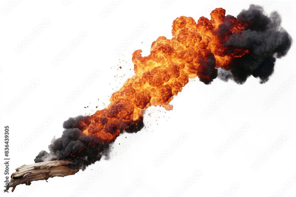 A dynamic image featuring an ignited wooden log with explosive fire and smoke on a transparent, white background, png A dynamic image featuring an ignited wooden log with explosive fire and smoke on a transparent, white background, png