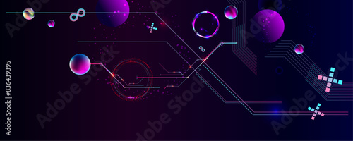 Dark retro futuristic cyberpunk elements abstraction background cosmos synthwave vaporwave retrowave glitch circle with blue and pink glows