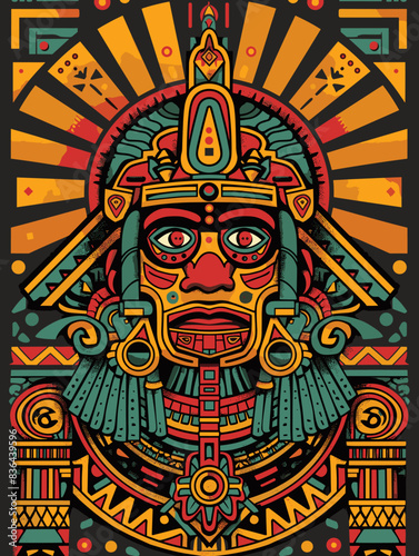 A colorful, abstract painting of a man with a mask on his face. The painting has a tribal or exotic feel to it, with bright colors and intricate details © whitecityrecords