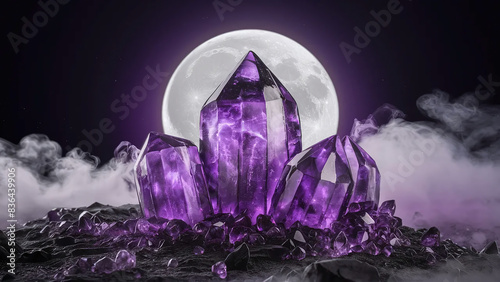 violet gemstone amethyst, with the moon in the background, quartz, protection photo