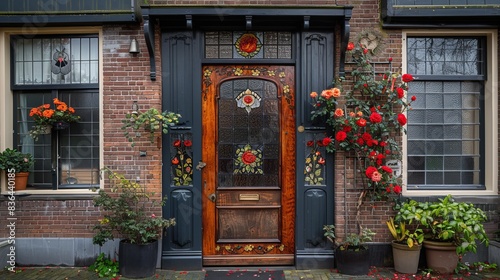 Dutch housefront - February 7, 2018: A rose in a leaded glass window photo