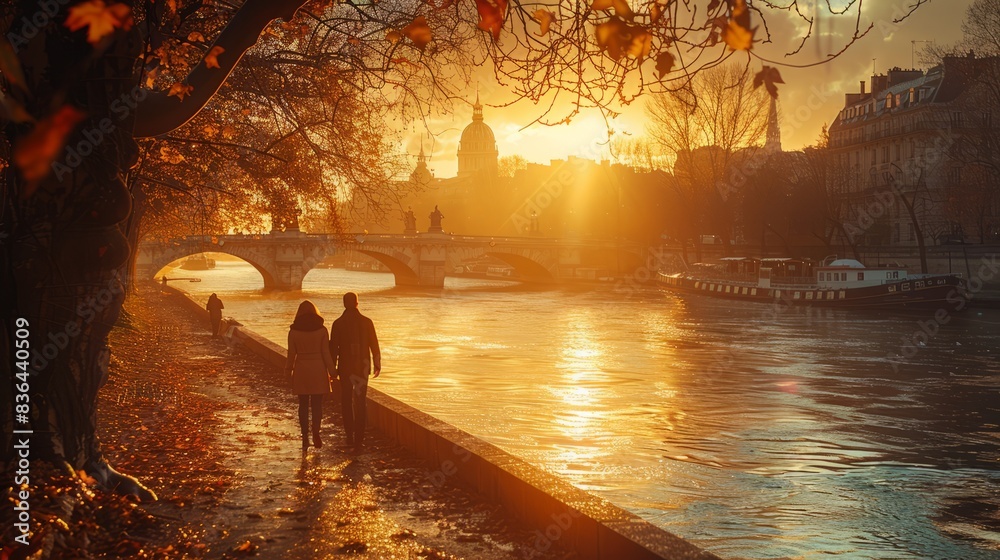 Fototapeta premium During the autumn sun, a couple walks by the Seine near Pont des Artes, a lovers bridge in Paris, France.