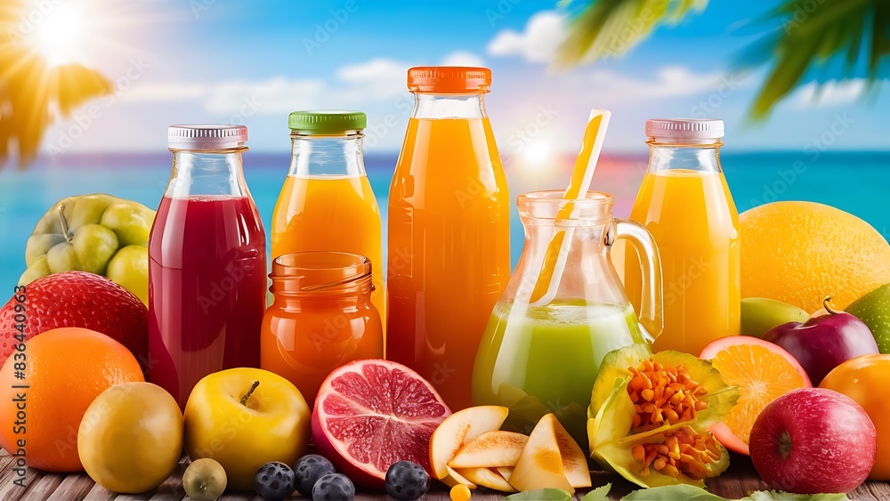 Healthy food fresh juice in bottles and fruits on a beautiful background healthy lifestyle summer and fresh food