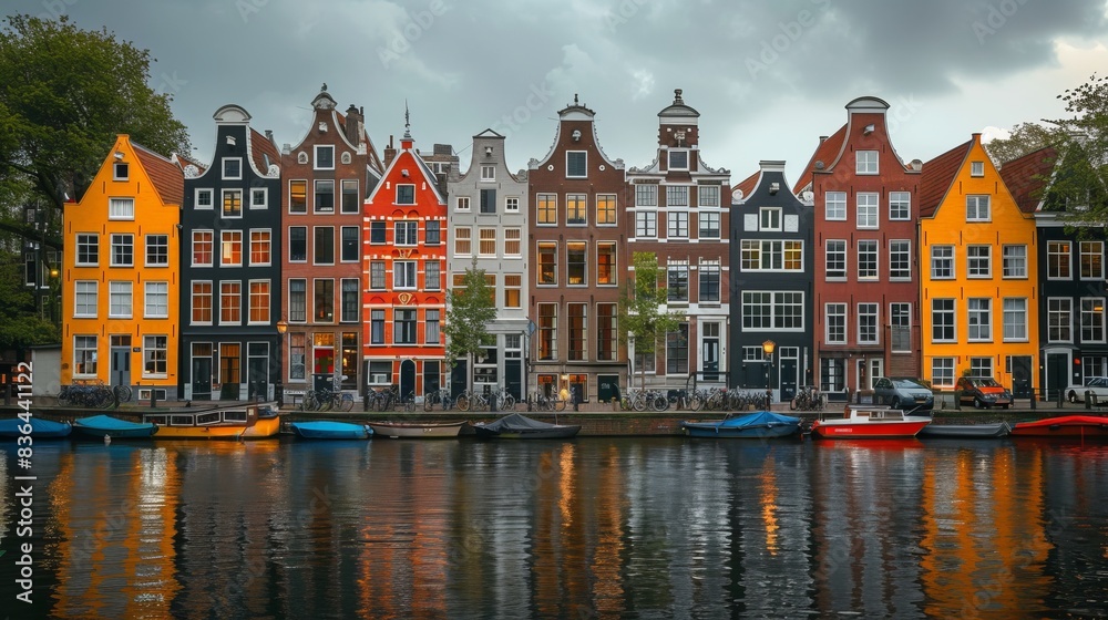 Fototapeta premium The canal neighborhood of Amsterdam, Netherlands, at sunset on May 22, 2018