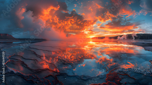 A nature geyser during sunset, the sky ablaze with colors, and the steam reflecting the hues