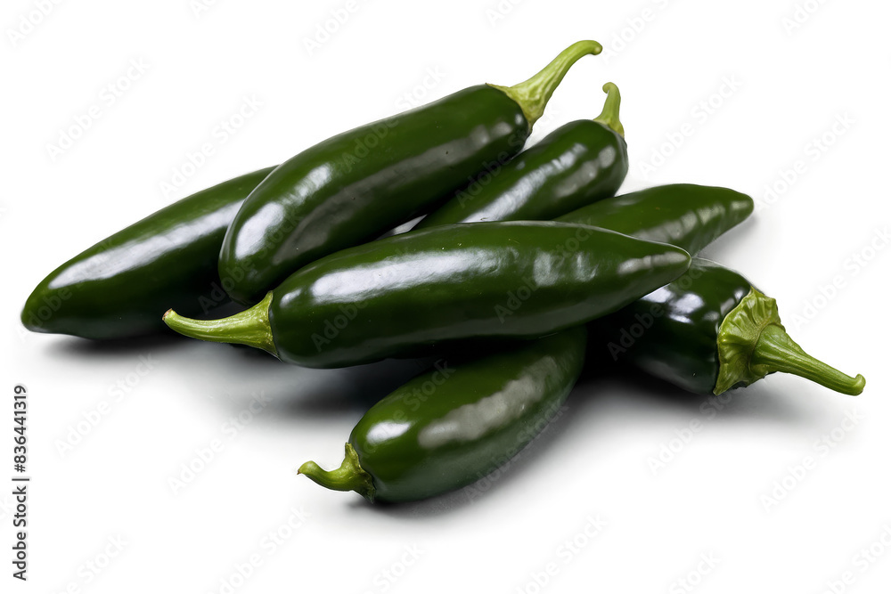 A group of green jalapeno peppers neatly arranged isolated with transparent png on a white background