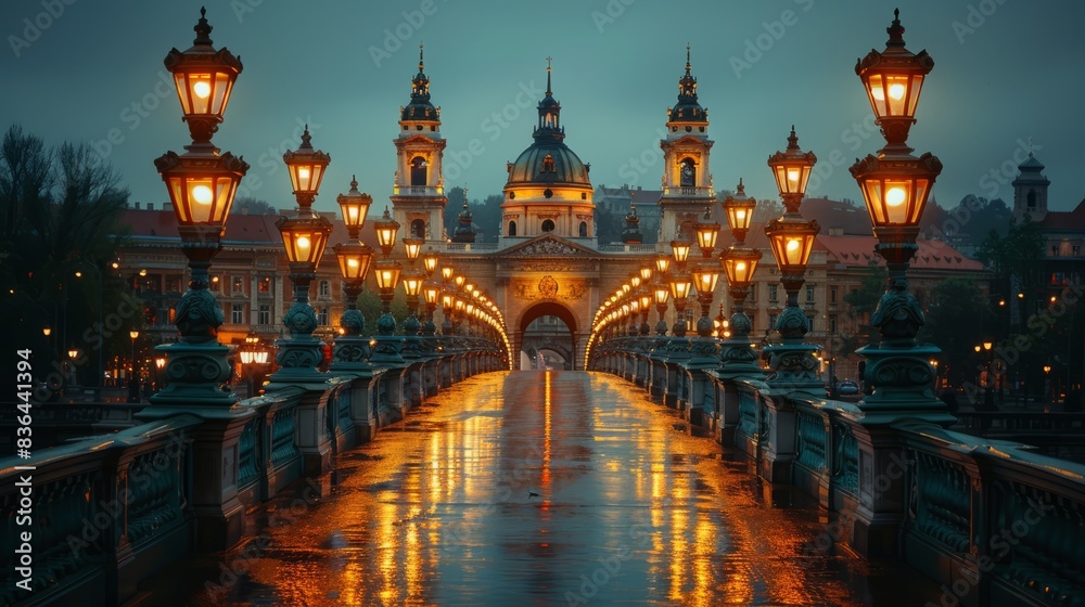 Fototapeta premium The Liberty Bridge at dusk in Budapest, Hungary - May 1, 2018