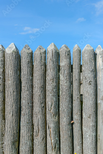 A closeup of an old faded wooden wall at a fort. The tops are sharpened. Blue sky above. Portrait orientation.