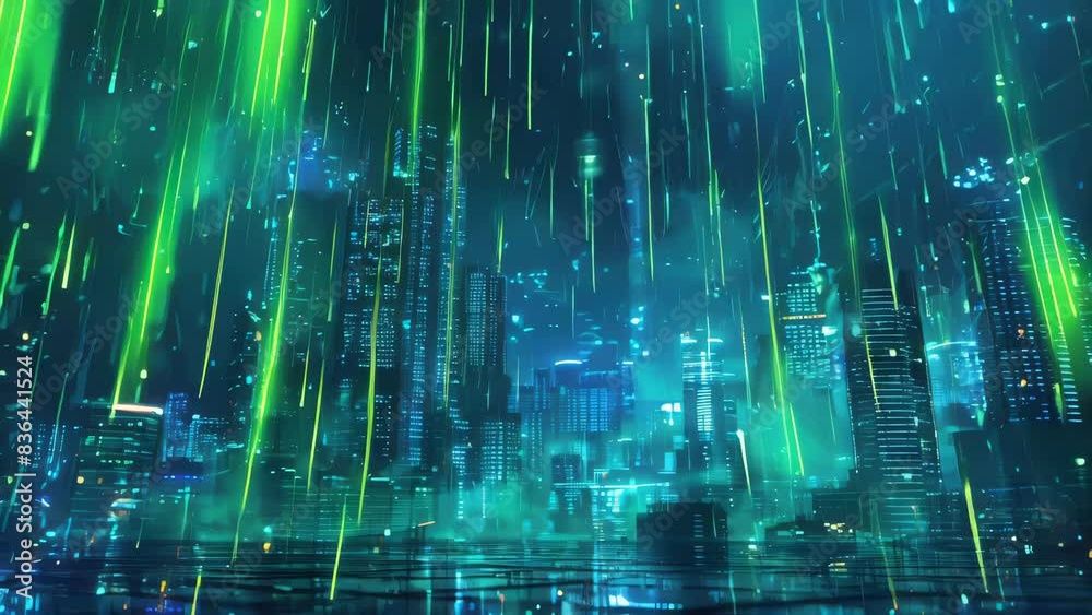 Cityscape at night with bright neon lights and modern architecture.