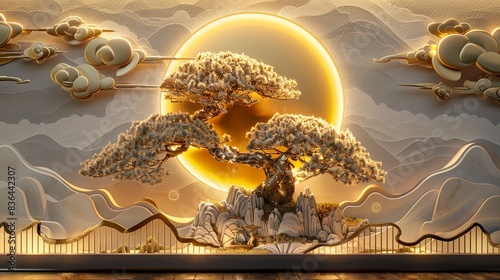 Volumetric stucco molding on a concrete wall with golden elements, Japanese landscape, waterfall, mountains, sakura.