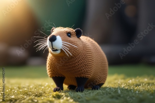 a stuffed chrocheted capybara animal sitting on top of a lush  photo