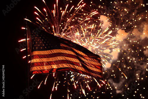 American flag with fireworks in the background on the 4th of july