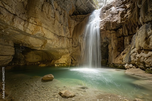 Beautiful scenic view of cascading waterfall inside enchanting cave with flowing underground river