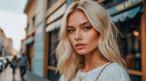 Stunning portrait of a beautiful woman influencer and model with blonde hair highlights