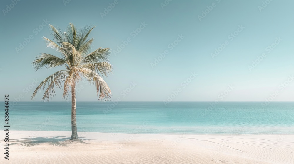 Obraz premium A Lone Palm Tree Stands Alone on a Beach in the Middle of the Ocean - Generative AI