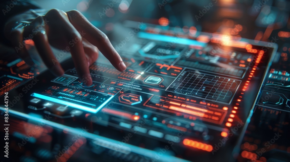 Obraz premium A person is touching a futuristic computer screen with glowing lights, AI