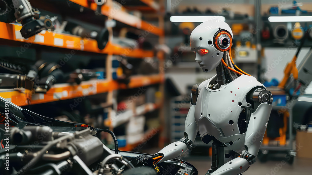 Robot Working on Machinery in Industrial Workshop Robot Working on Machinery in Industrial Workshop