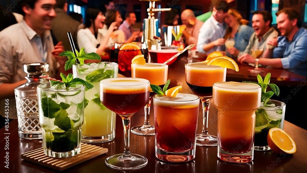 Various cocktails mojito americano on the table of a bar Various cocktails mojito americano on the table of a bar