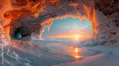 A nature ice cave during sunset  the light creating long shadows and highlighting the textures of the ice