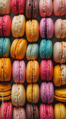 Colorful assorted macarons arranged in rows, vibrant gourmet dessert. French pastry and culinary concept © cac_tus