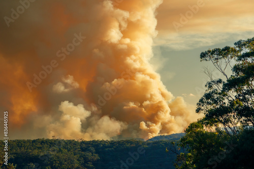 Photograph of controlled bush fire hazard reduction burning by the Rural Fire Service in the Blue Mountains in NSW, Australia. photo