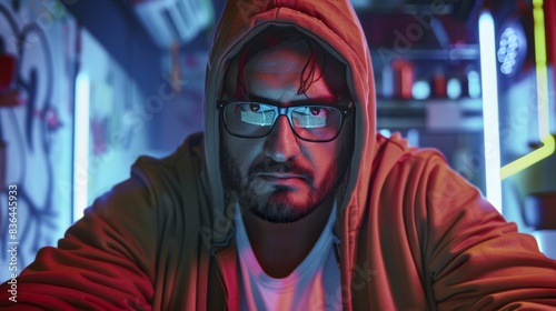 A man with glasses and a hoodie sitting in front of neon lights, AI © starush