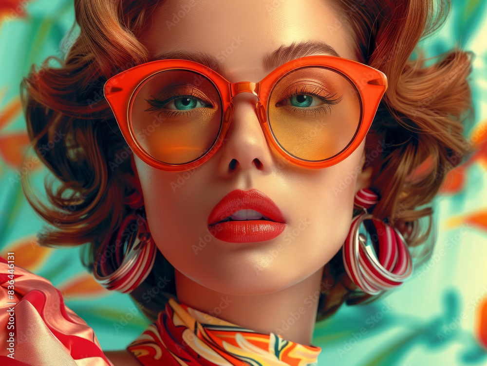 Obraz premium Retro style pastel colors summer background. Fashion woman wearing big sunglasses.