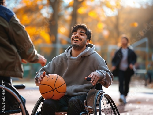 Young Disabled Man in Wheelchair Playing Basketball with Friends - Teamwork and Male Bonding