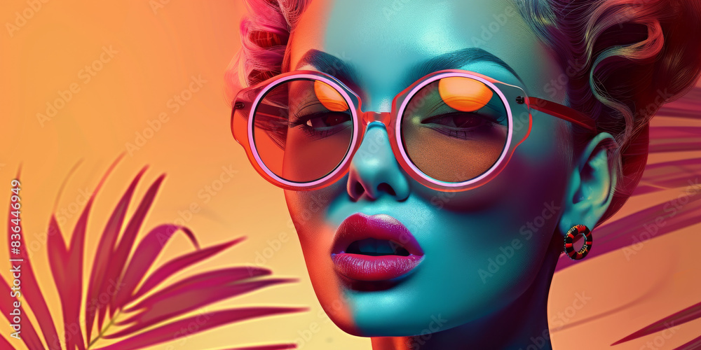 Retro style pastel colors summer background. Fashion woman wearing big sunglasses. Retro style pastel colors summer background. Fashion woman wearing big sunglasses.