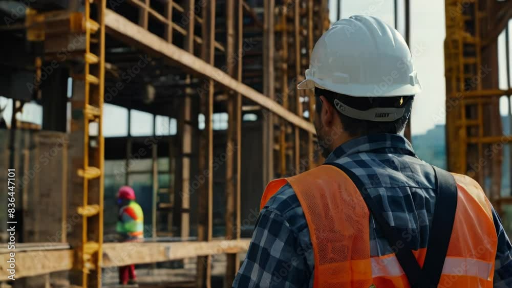Engineer builder with helmet and blueprints at construction site background Engineer builder with helmet and blueprints at construction site background