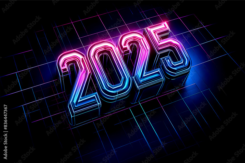 New Year Futuristic Neon 2025 Signage, Glowing 2025 on Digital Grid, Cyberpunk Style 2025 Year