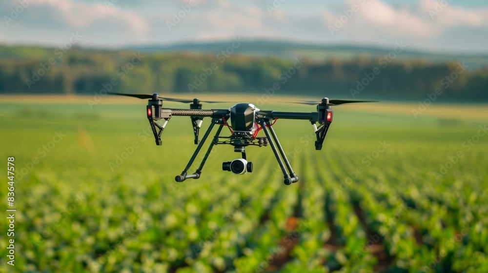 The drone hovers over the fields capturing detailed images of the land for precision mapping. The drone hovers over the fields capturing detailed images of the land for precision mapping.