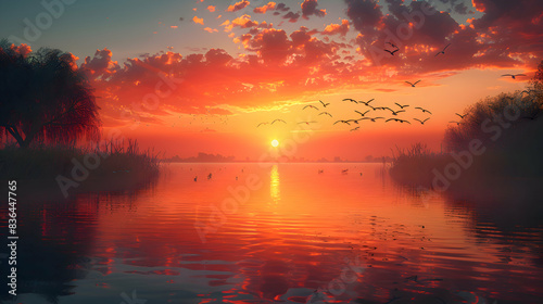 A nature marshland scene with birds flying overhead and the sun setting in the background