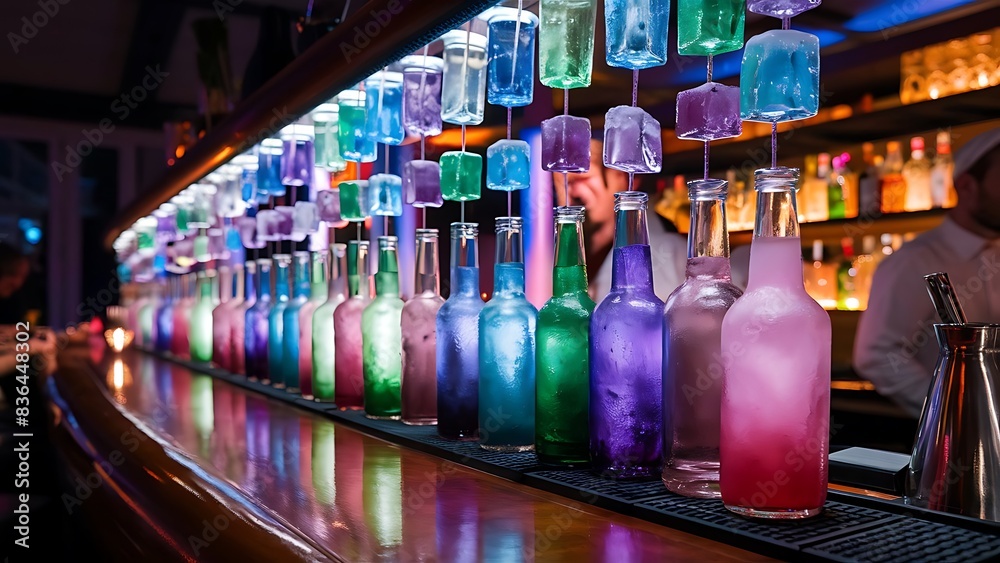 Colorful ice cubes in glass bottles on bar counter at night Colorful ice cubes in glass bottles on bar counter at night