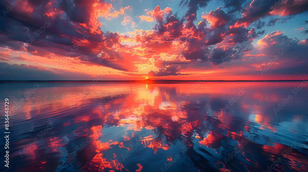 A nature oasis during sunset, the sky ablaze with colors, and the water reflecting the hues