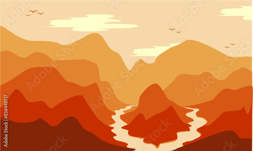 Beautiful hills scenery with river illustration design vector