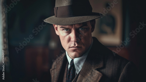  Vintage Detective Portrait: Intense Expression, Retro Fashion, Classic Fedora Hat, Cinematic Lighting, 1940s Noir Style Character Study. 