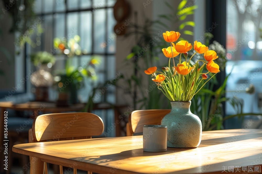 home interior dining room with wood chair and wood table,vase with flowers,plant. home interior dining room with wood chair and wood table,vase with flowers,plant.