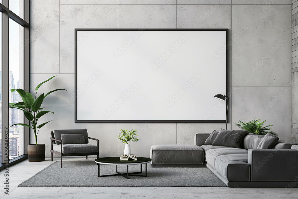 Modern living room with large blank canvas on concrete wall, gray sofa, armchair, and plants near a large window; mockup Modern living room with large blank canvas on concrete wall, gray sofa, armchair, and plants near a large window; mockup