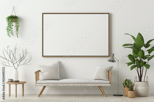 Minimalist living room with wooden bench  white cushions  large blank frame on the wall  and indoor plants creating a serene atmosphere  mockup