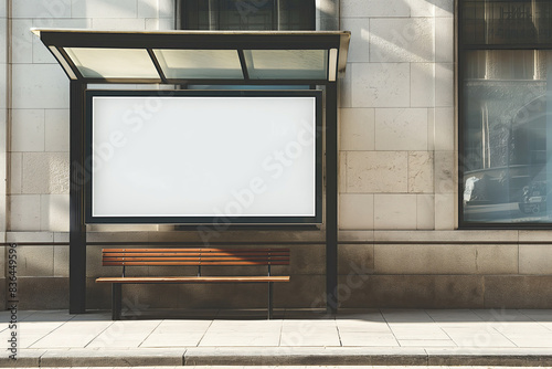 Bus stop with blank billboard in front of a historic stone building, classic architectural design