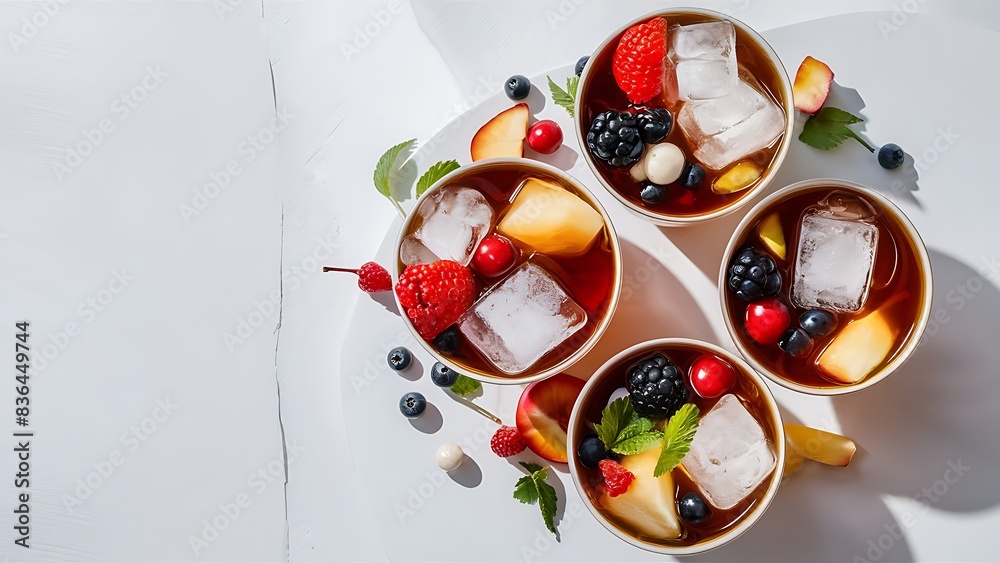 Set of fresh cold tea with fruits berries and ice on white Set of fresh cold tea with fruits berries and ice on white