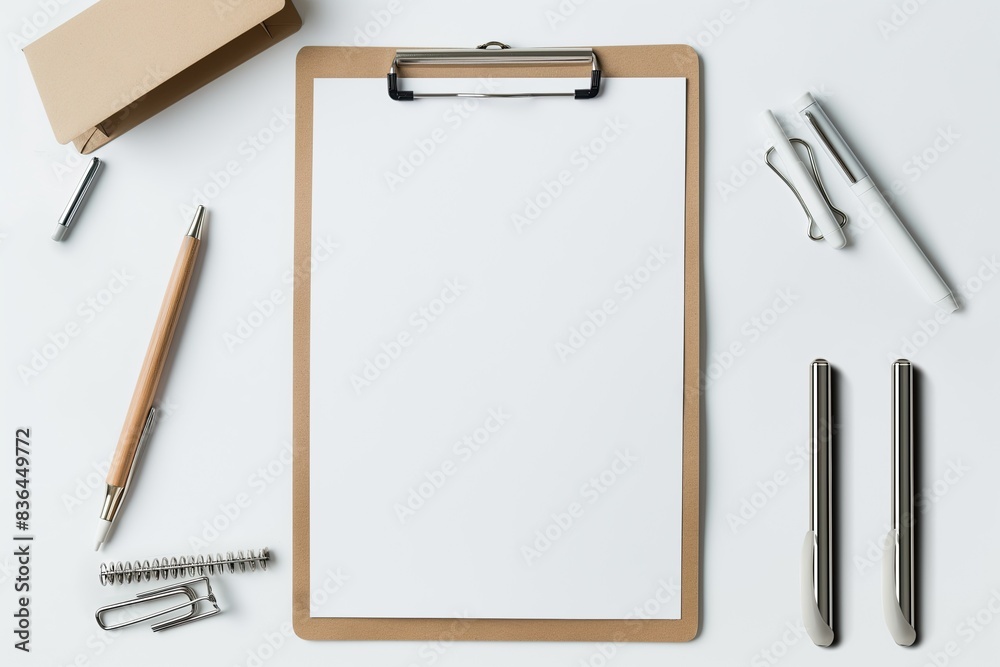 A blank white clipboard on a white surface with pens, a notebook, and clips arranged neatly around it; mockup A blank white clipboard on a white surface with pens, a notebook, and clips arranged neatly around it; mockup