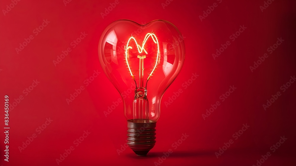Light bulb radiating love with a heart-shaped filament on red backdrop. Light bulb radiating love with a heart-shaped filament on red backdrop.
