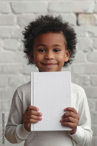 Young Child Holding a White Book in a Light Room