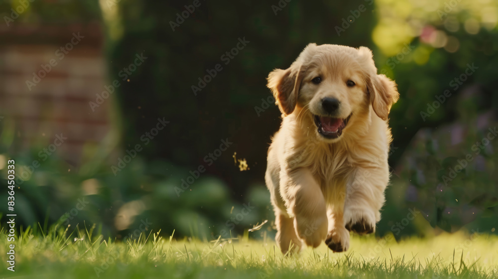 Adorable Golden Retriever Puppy Running in Sunlit Garden: Playful Dog, Happy Pet, Lush Greenery, Joyful Canine Photography Adorable Golden Retriever Puppy Running in Sunlit Garden: Playful Dog, Happy Pet, Lush Greenery, Joyful Canine Photography