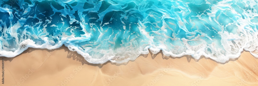 Fototapeta premium Sandy beach and soft blue ocean wave top view. Summer background