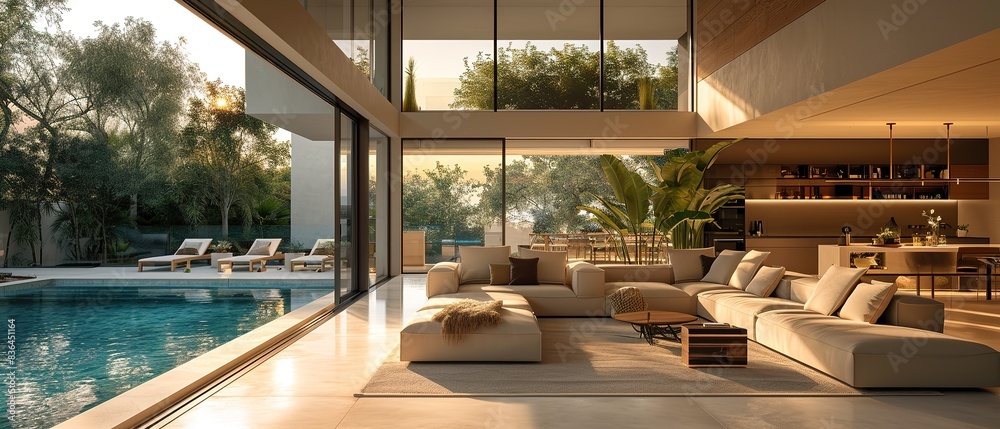 Fototapeta premium Interior design of a living room in a modern house with an open terrace and swimming pool.