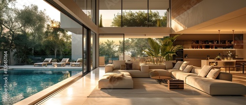 Interior design of a living room in a modern house with an open terrace and swimming pool.